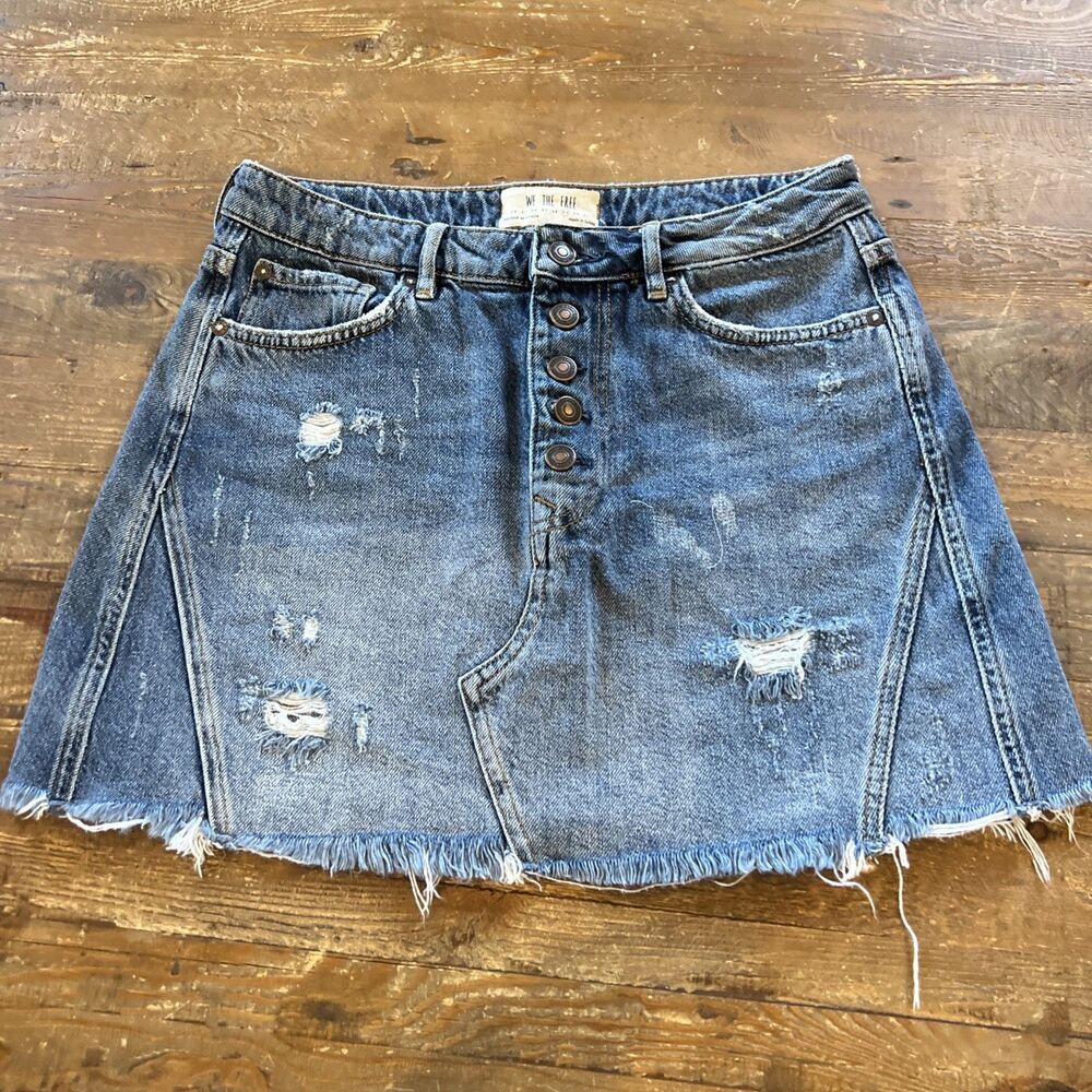 Free People We The Free Harvey Denim Skirt 29 Distressed Button Fly Frayed Hem